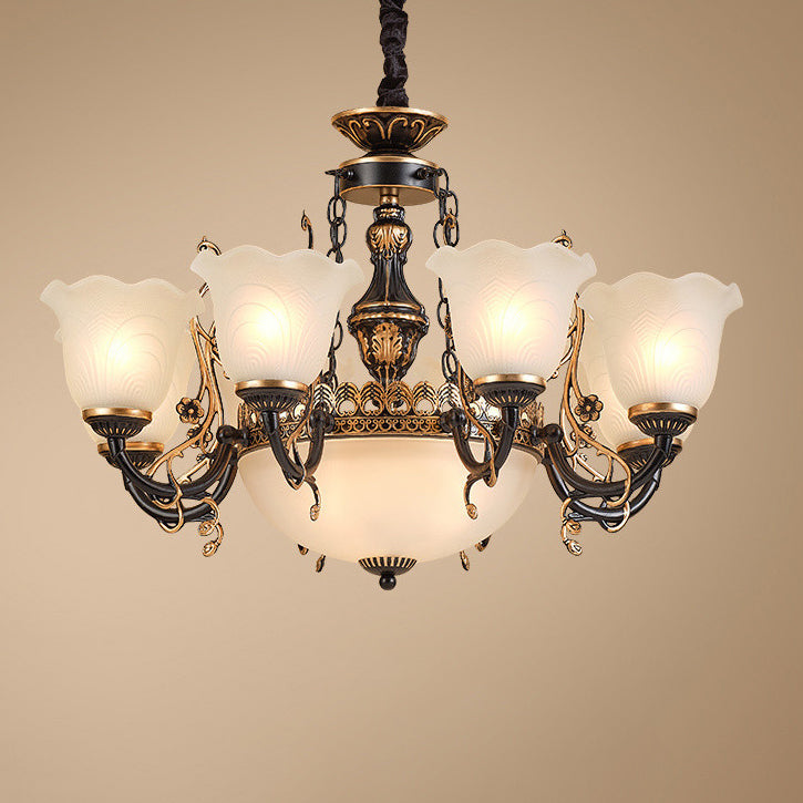 Traditional European Iron Gilded Carving Tulip Glass Shade 6/8-Light Chandelier For Living Room