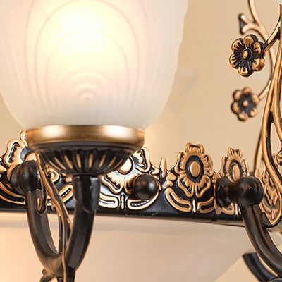 Traditional European Iron Gilded Carving Tulip Glass Shade 6/8-Light Chandelier For Living Room