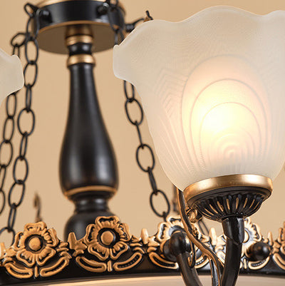 Traditional European Iron Gilded Carving Tulip Glass Shade 6/8-Light Chandelier For Living Room