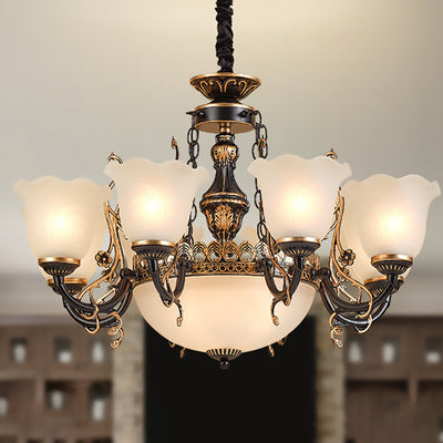 Traditional European Iron Gilded Carving Tulip Glass Shade 6/8-Light Chandelier For Living Room