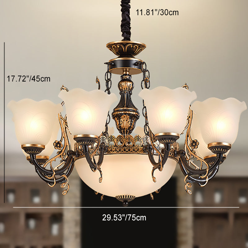 Traditional European Iron Gilded Carving Tulip Glass Shade 6/8-Light Chandelier For Living Room