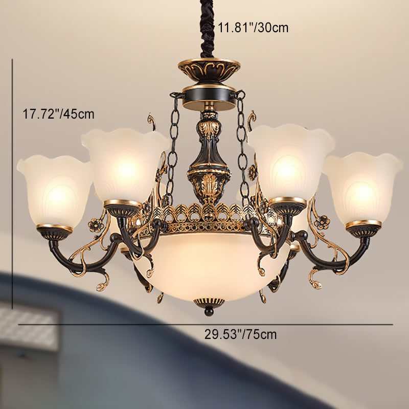 Traditional European Iron Gilded Carving Tulip Glass Shade 6/8-Light Chandelier For Living Room