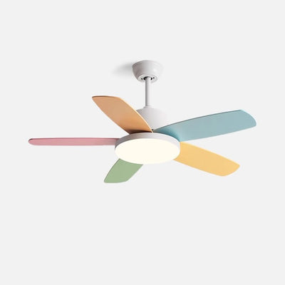 Contemporary Scandinavian Macaron Carbon Steel Wood Fan Blade LED Downrod Ceiling Fan Light For Living Room