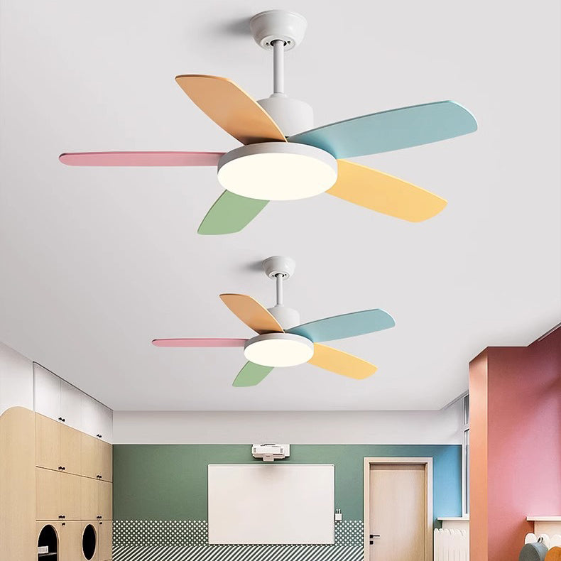 Contemporary Scandinavian Macaron Carbon Steel Wood Fan Blade LED Downrod Ceiling Fan Light For Living Room