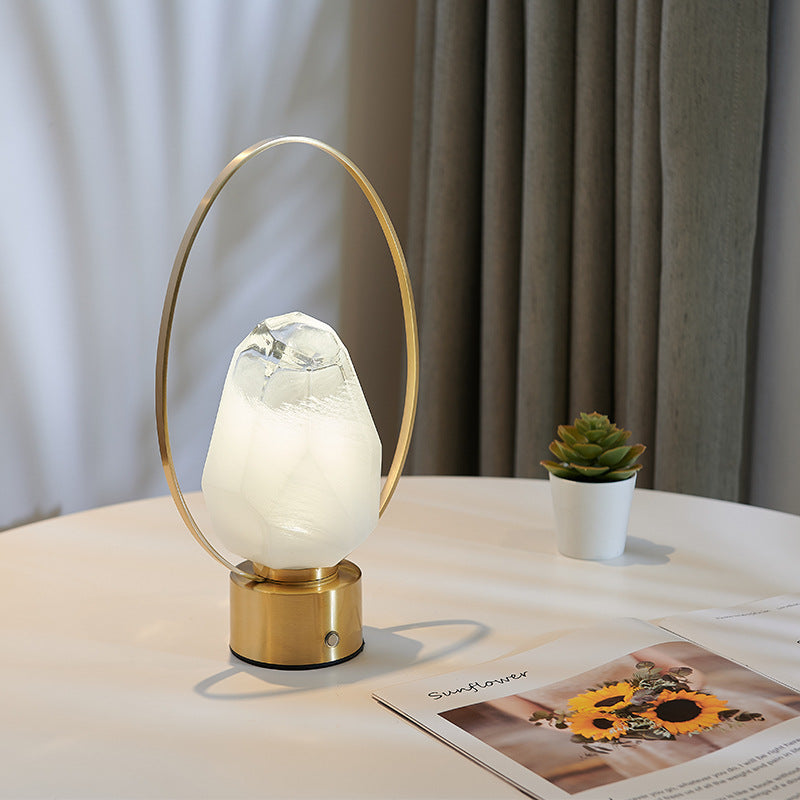 Modern Simplicity USB Brass Oval Ring Glass Stone Shade LED Table Lamp For Study