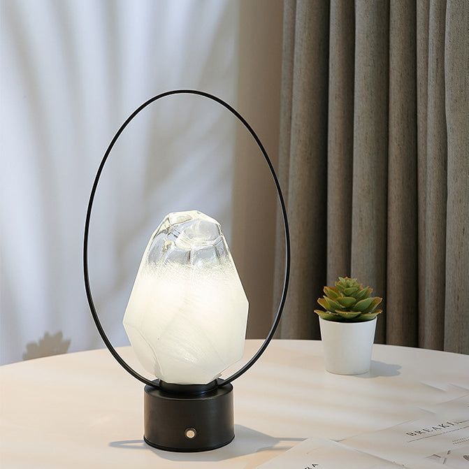 Modern Simplicity USB Brass Oval Ring Glass Stone Shade LED Table Lamp For Study