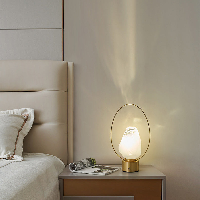 Modern Simplicity USB Brass Oval Ring Glass Stone Shade LED Table Lamp For Study