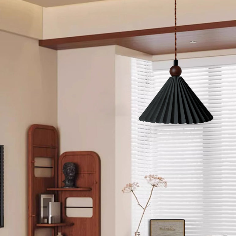 Contemporary Retro Solid Wood Pleated Ceramic Conical Shade 1-Light Pendant Light For Bedroom