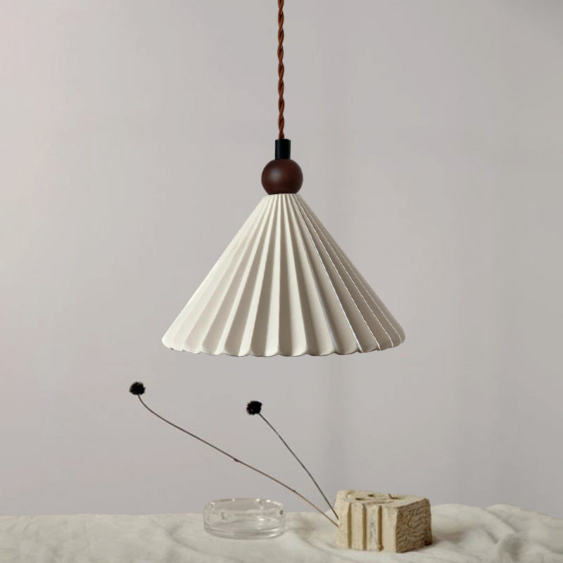 Contemporary Retro Solid Wood Pleated Ceramic Conical Shade 1-Light Pendant Light For Bedroom