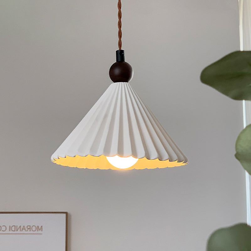 Contemporary Retro Solid Wood Pleated Ceramic Conical Shade 1-Light Pendant Light For Bedroom