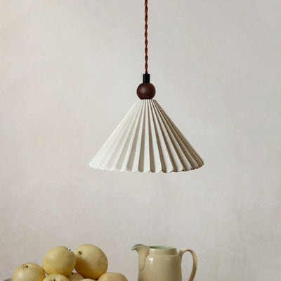 Contemporary Retro Solid Wood Pleated Ceramic Conical Shade 1-Light Pendant Light For Bedroom