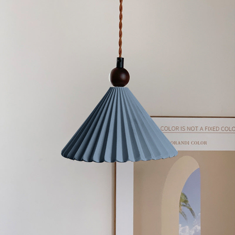 Contemporary Retro Solid Wood Pleated Ceramic Conical Shade 1-Light Pendant Light For Bedroom