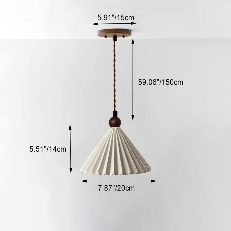 Contemporary Retro Solid Wood Pleated Ceramic Conical Shade 1-Light Pendant Light For Bedroom