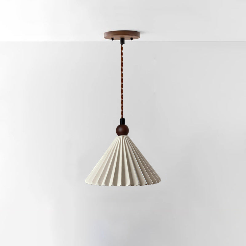 Contemporary Retro Solid Wood Pleated Ceramic Conical Shade 1-Light Pendant Light For Bedroom