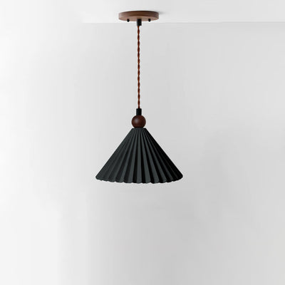 Contemporary Retro Solid Wood Pleated Ceramic Conical Shade 1-Light Pendant Light For Bedroom