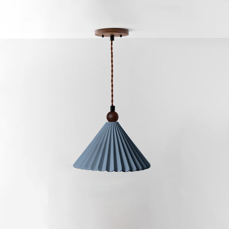 Contemporary Retro Solid Wood Pleated Ceramic Conical Shade 1-Light Pendant Light For Bedroom