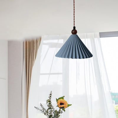 Contemporary Retro Solid Wood Pleated Ceramic Conical Shade 1-Light Pendant Light For Bedroom