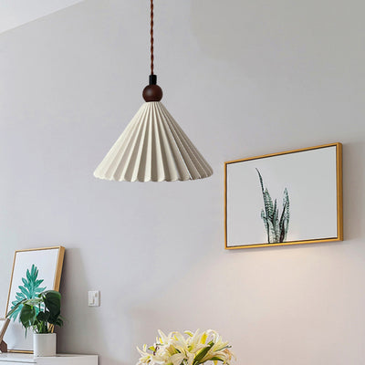 Contemporary Retro Solid Wood Pleated Ceramic Conical Shade 1-Light Pendant Light For Bedroom