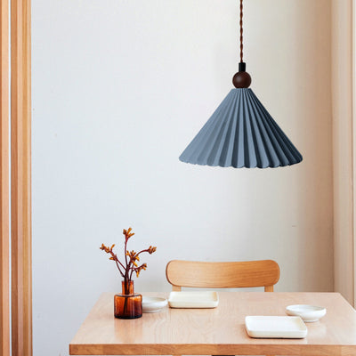 Contemporary Retro Solid Wood Pleated Ceramic Conical Shade 1-Light Pendant Light For Bedroom