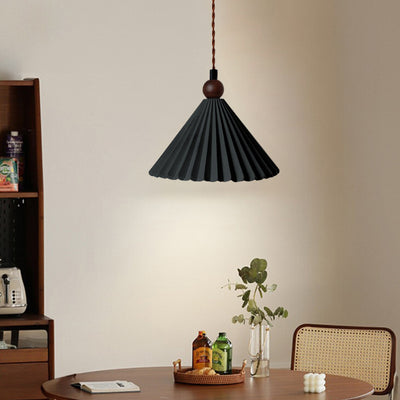 Contemporary Retro Solid Wood Pleated Ceramic Conical Shade 1-Light Pendant Light For Bedroom