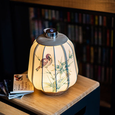 Traditional Japanese USB Hand-Painted Begonia Flower Bird Fabric Solid Wood LED Table Lamp For Study