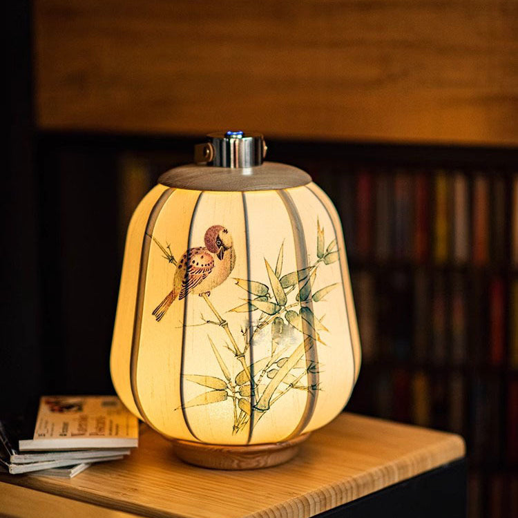 Traditional Japanese USB Hand-Painted Begonia Flower Bird Fabric Solid Wood LED Table Lamp For Study