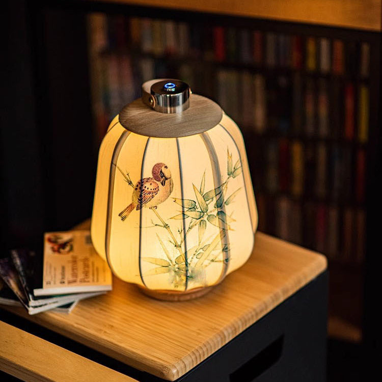 Traditional Japanese USB Hand-Painted Begonia Flower Bird Fabric Solid Wood LED Table Lamp For Study