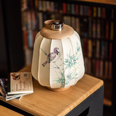 Traditional Japanese USB Hand-Painted Begonia Flower Bird Fabric Solid Wood LED Table Lamp For Study