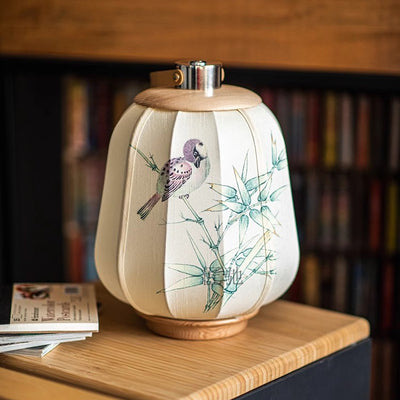 Traditional Japanese USB Hand-Painted Begonia Flower Bird Fabric Solid Wood LED Table Lamp For Study