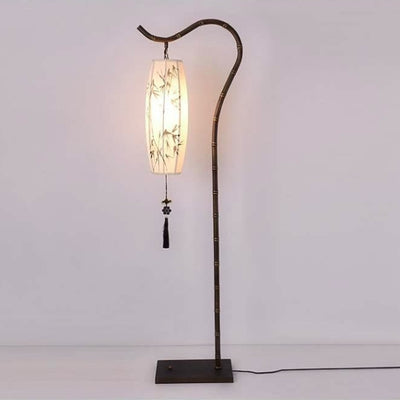 Traditional Chinese Arc Iron Fabric Bamboo Lantern Shade 1-Light Standing Floor Lamp For Study