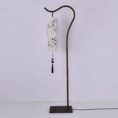 Traditional Chinese Arc Iron Fabric Bamboo Lantern Shade 1-Light Standing Floor Lamp For Study