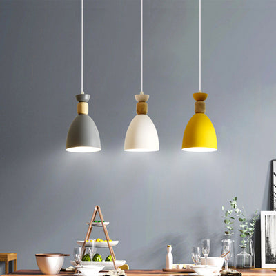 Contemporary Scandinavian Macaron Geometric Round Wood Iron 1-Light Pendant Light For Bedroom