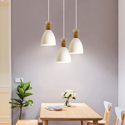 Contemporary Scandinavian Macaron Geometric Round Wood Iron 1-Light Pendant Light For Bedroom