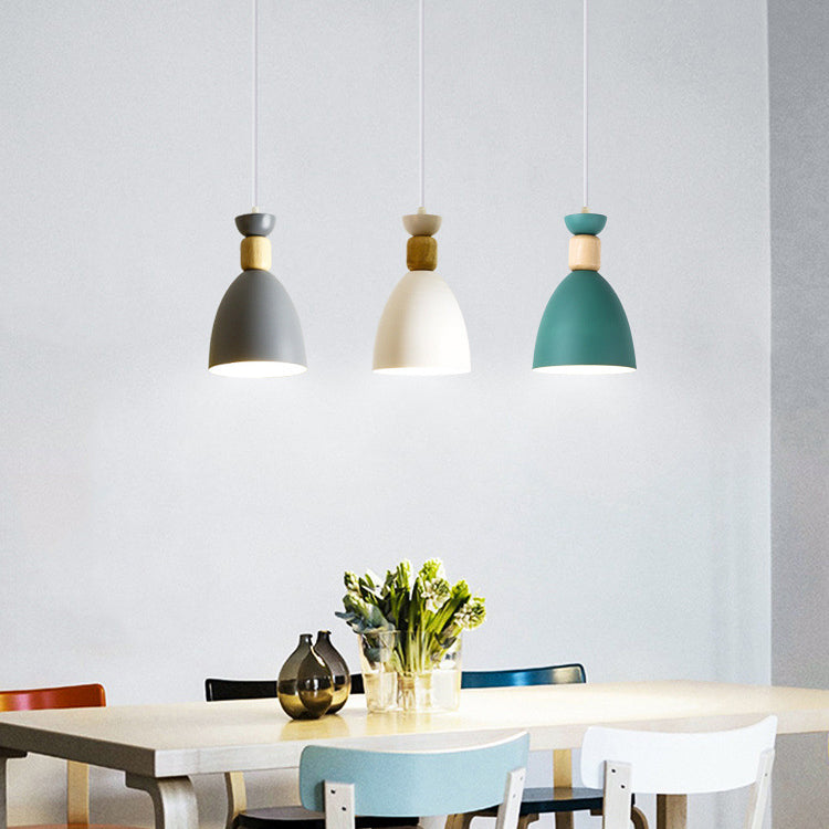 Contemporary Scandinavian Macaron Geometric Round Wood Iron 1-Light Pendant Light For Bedroom