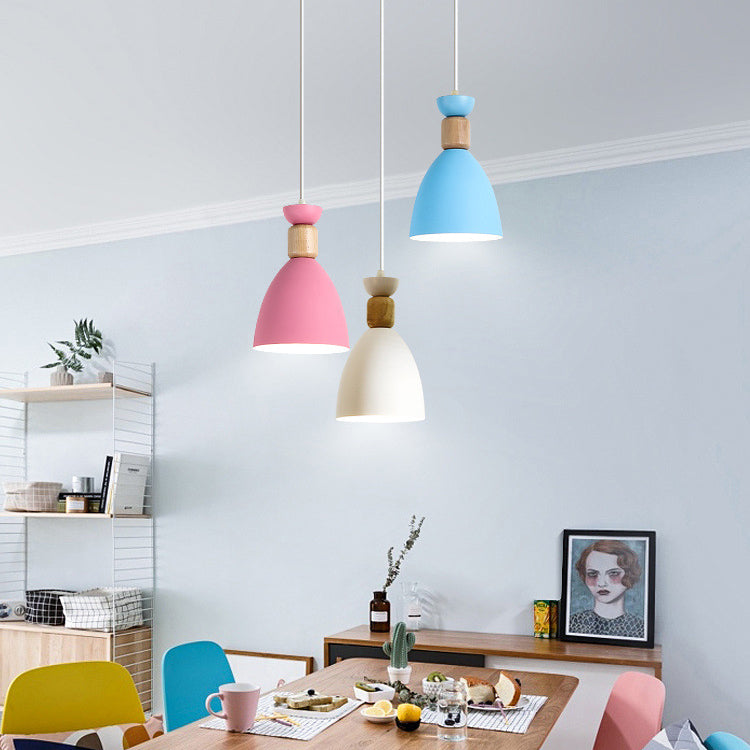 Contemporary Scandinavian Macaron Geometric Round Wood Iron 1-Light Pendant Light For Bedroom