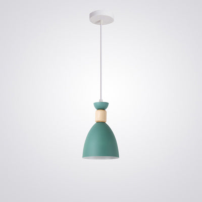 Contemporary Scandinavian Macaron Geometric Round Wood Iron 1-Light Pendant Light For Bedroom