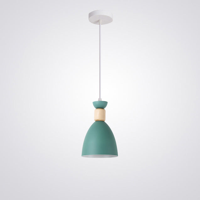 Contemporary Scandinavian Macaron Geometric Round Wood Iron 1-Light Pendant Light For Bedroom