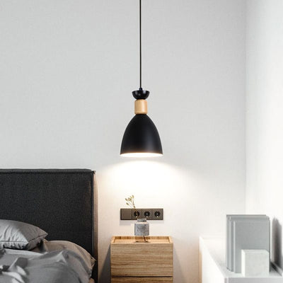 Contemporary Scandinavian Macaron Geometric Round Wood Iron 1-Light Pendant Light For Bedroom