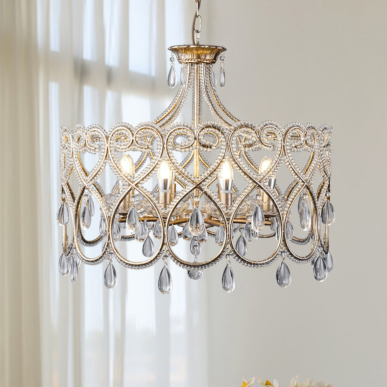 Traditional French Iron Heart Shaped Frame Crystal Decor 6/8-Light Chandelier For Dining Room