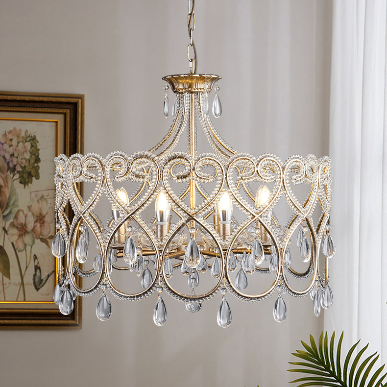 Traditional French Iron Heart Shaped Frame Crystal Decor 6/8-Light Chandelier For Dining Room