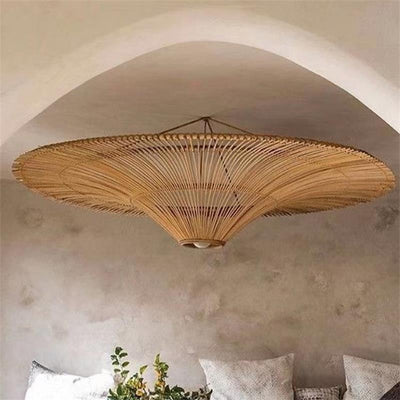 Traditional Japanese Rattan Weaving Hat 1-Light Semi-Flush Mount Ceiling Light For Living Room