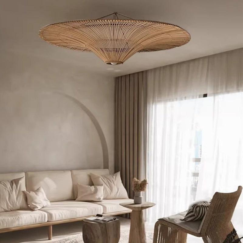 Traditional Japanese Rattan Weaving Hat 1-Light Semi-Flush Mount Ceiling Light For Living Room