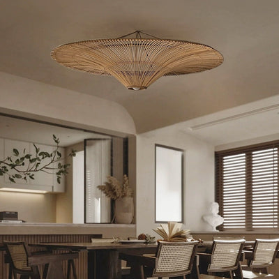 Traditional Japanese Rattan Weaving Hat 1-Light Semi-Flush Mount Ceiling Light For Living Room