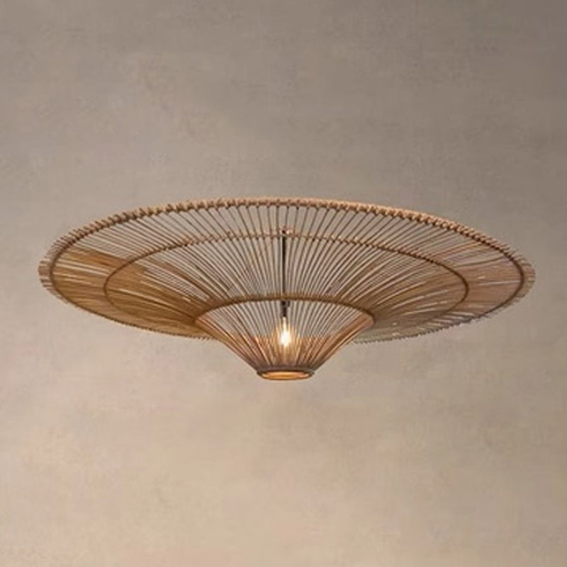 Traditional Japanese Rattan Weaving Hat 1-Light Semi-Flush Mount Ceiling Light For Living Room