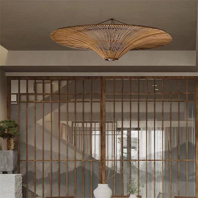 Traditional Japanese Rattan Weaving Hat 1-Light Semi-Flush Mount Ceiling Light For Living Room