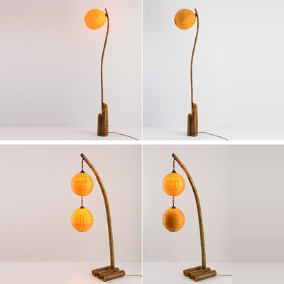 Contemporary Retro Bamboo Weaving Ball Shade Arc Frame 1/2/3-Light Standing Floor Lamp For Dining Room