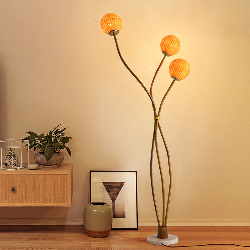 Contemporary Retro Bamboo Weaving Ball Shade Arc Frame 1/2/3-Light Standing Floor Lamp For Dining Room