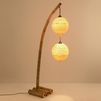 Contemporary Retro Bamboo Weaving Ball Shade Arc Frame 1/2/3-Light Standing Floor Lamp For Dining Room