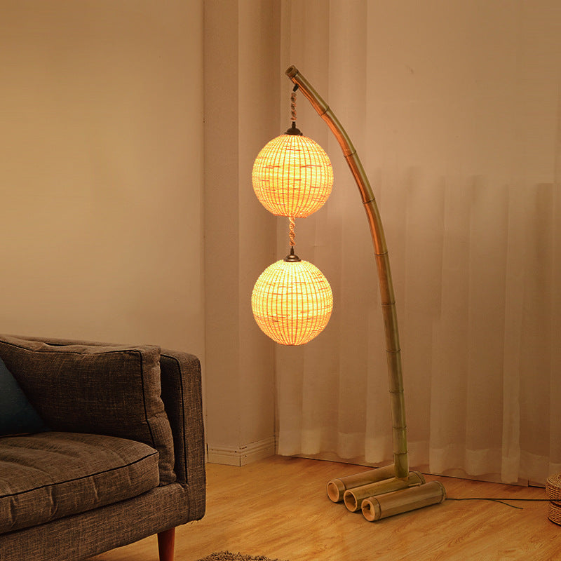 Contemporary Retro Bamboo Weaving Ball Shade Arc Frame 1/2/3-Light Standing Floor Lamp For Dining Room