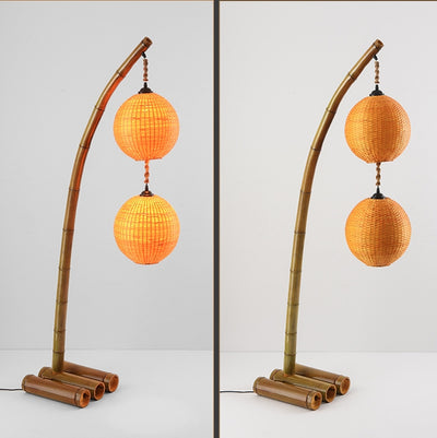 Contemporary Retro Bamboo Weaving Ball Shade Arc Frame 1/2/3-Light Standing Floor Lamp For Dining Room